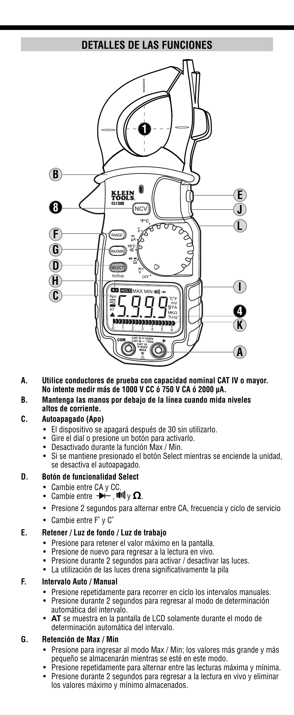 Detalles de las funciones | Klein Tools CL1300 User Manual | Page 11 / 24