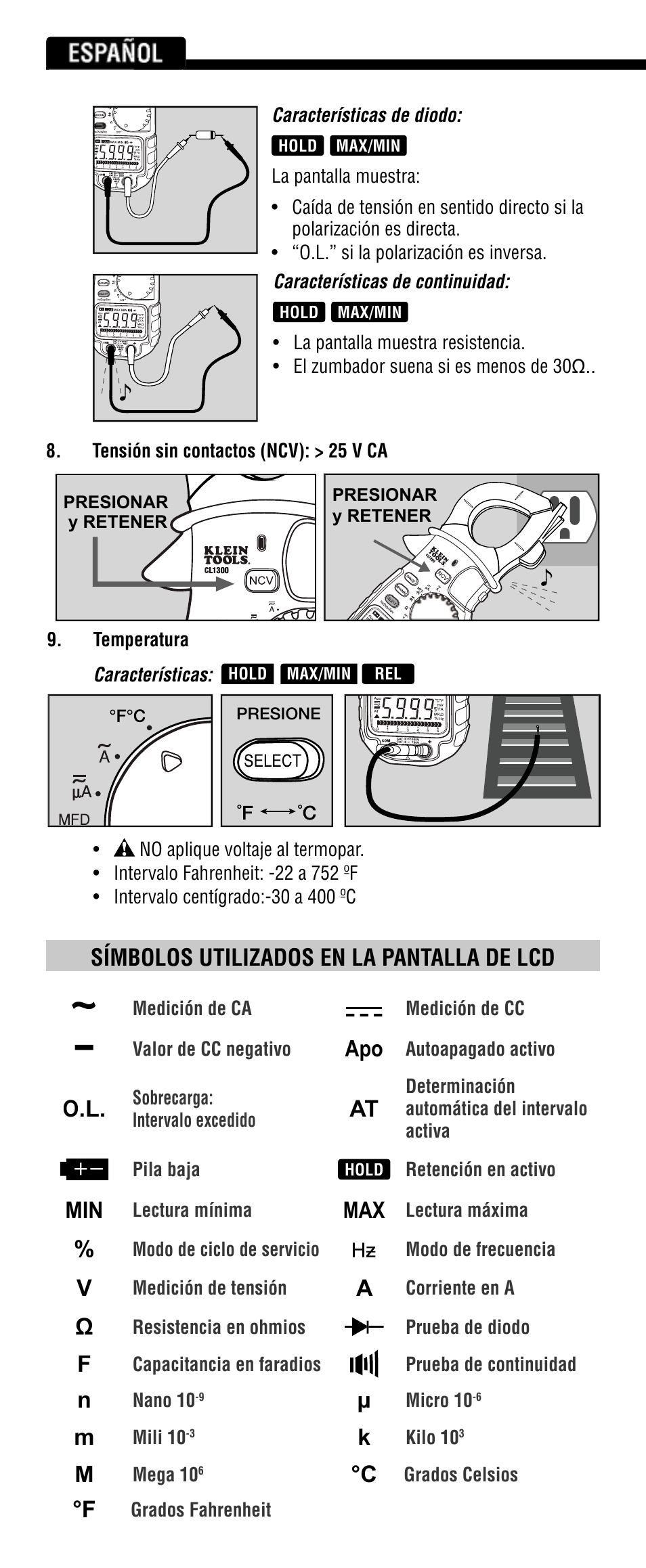 Español, Símbolos utilizados en la pantalla de lcd | Klein Tools CL1300 User Manual | Page 14 / 24