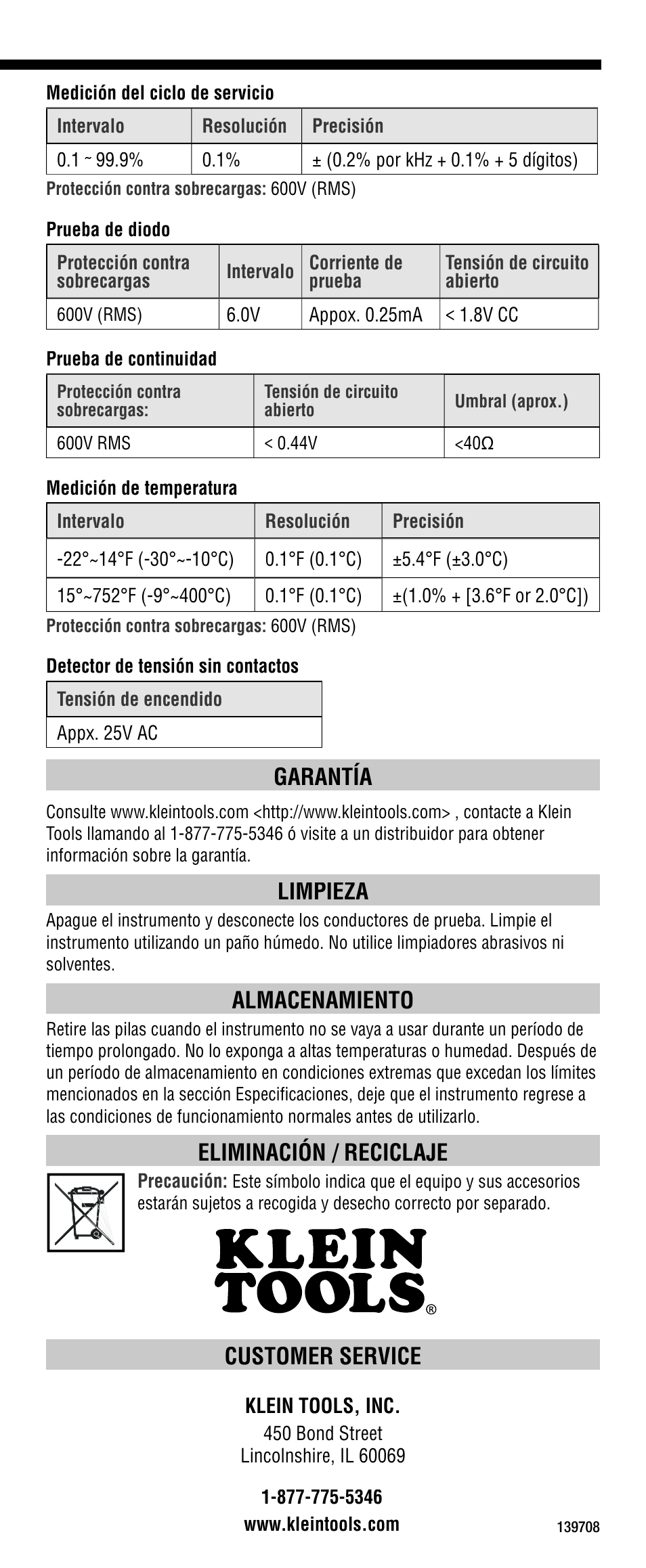 Customer service, Garantía, Limpieza | Almacenamiento, Eliminación / reciclaje | Klein Tools CL1300 User Manual | Page 16 / 24