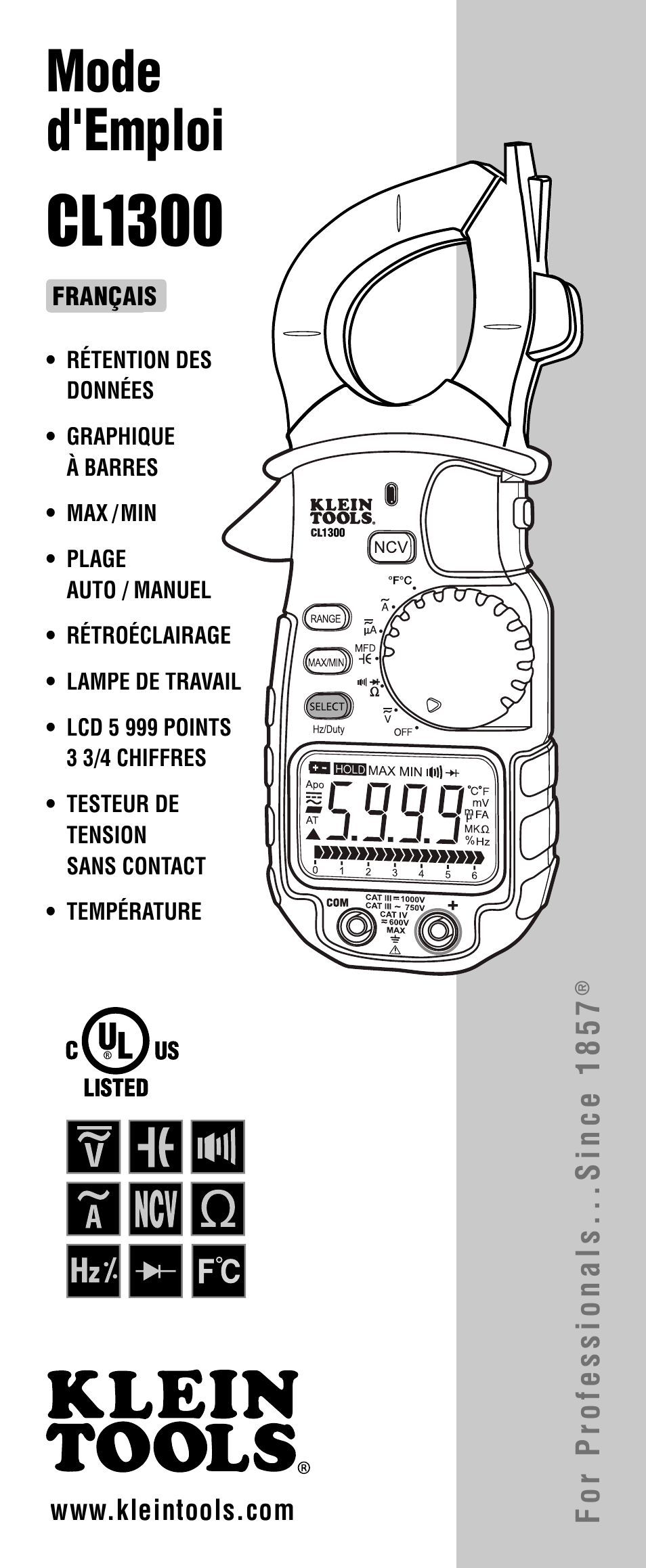 Cl1300, Mode d'emploi, For professionals...since 1857 | Klein Tools CL1300 User Manual | Page 17 / 24