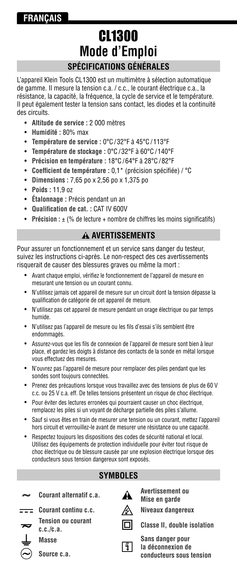 Cl1300 mode d’emploi, Français, Spécifications générales | Avertissements, Symboles | Klein Tools CL1300 User Manual | Page 18 / 24