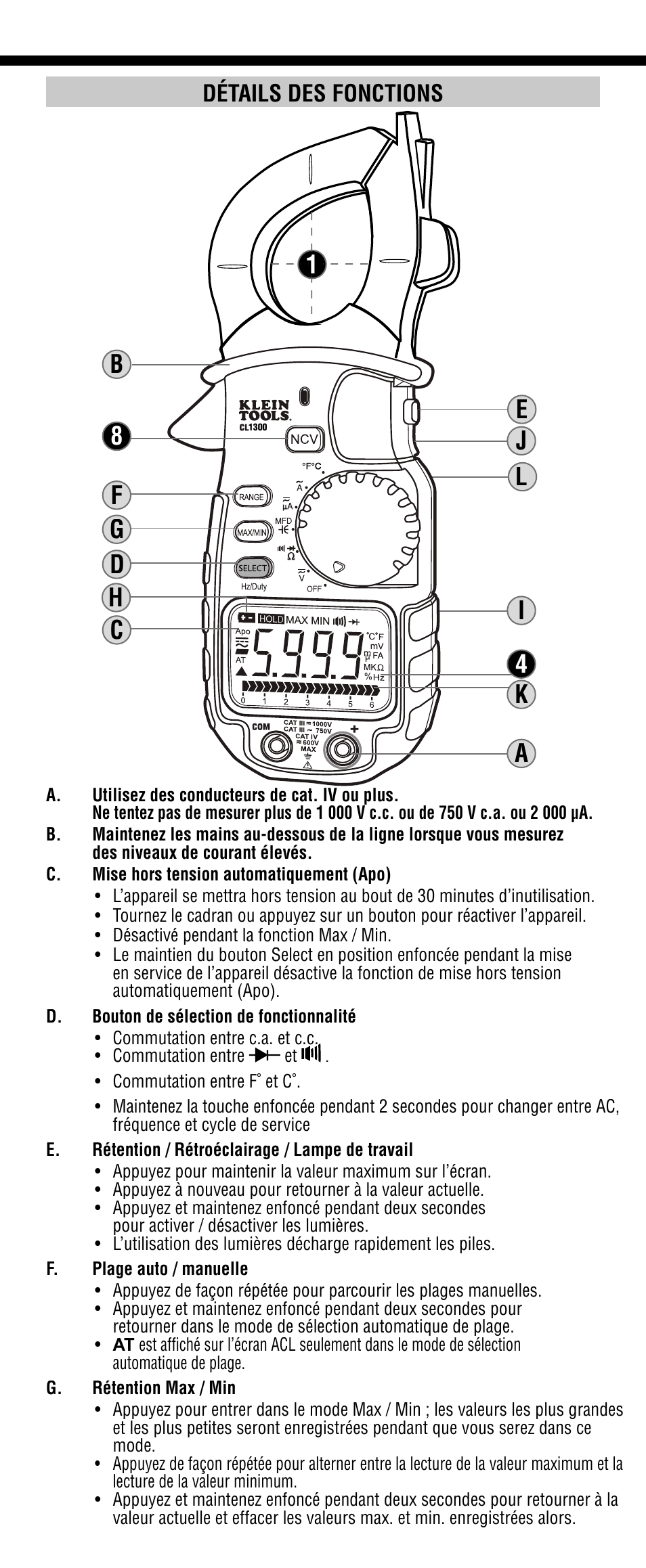 Détails des fonctions | Klein Tools CL1300 User Manual | Page 19 / 24