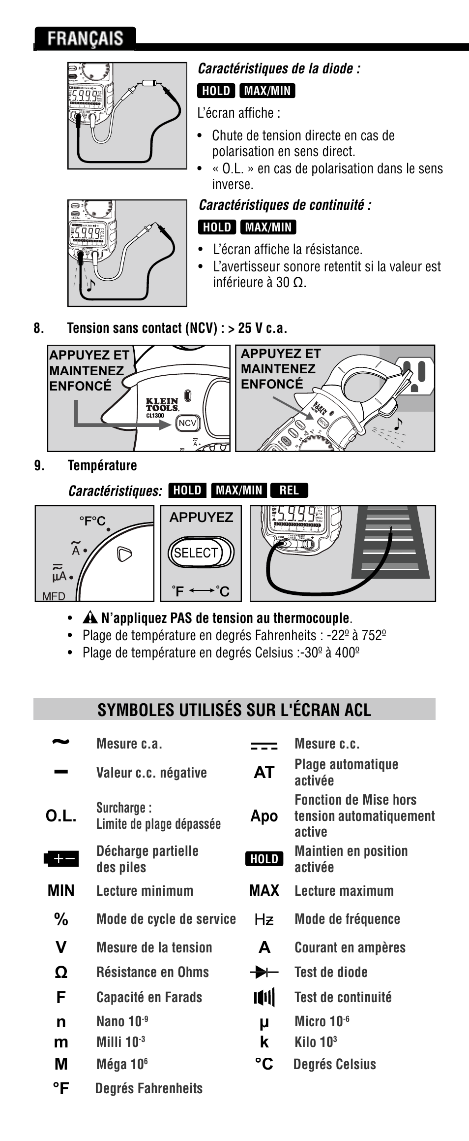 Français, Symboles utilisés sur l'écran acl | Klein Tools CL1300 User Manual | Page 22 / 24