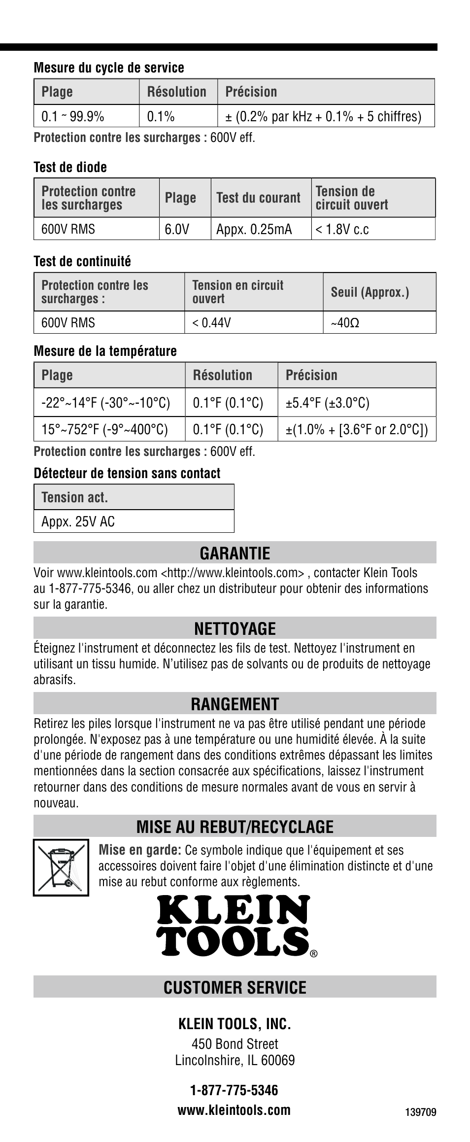 Customer service, Garantie, Nettoyage | Rangement, Mise au rebut/recyclage | Klein Tools CL1300 User Manual | Page 24 / 24