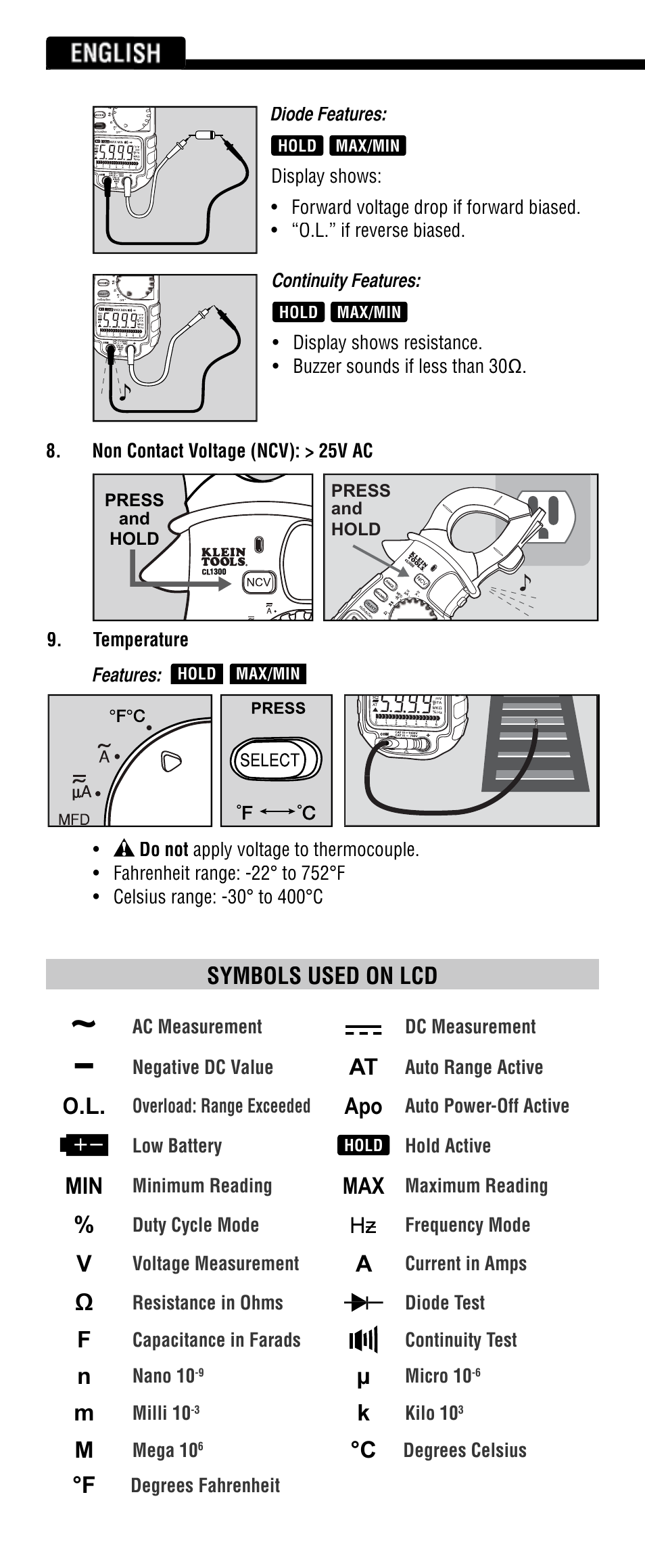 English, Symbols used on lcd | Klein Tools CL1300 User Manual | Page 6 / 24