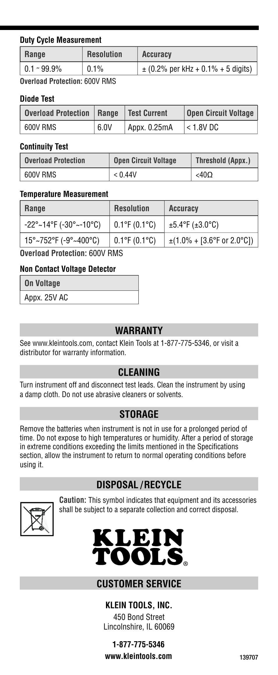 Customer service, Warranty, Cleaning | Storage, Disposal / recycle | Klein Tools CL1300 User Manual | Page 8 / 24
