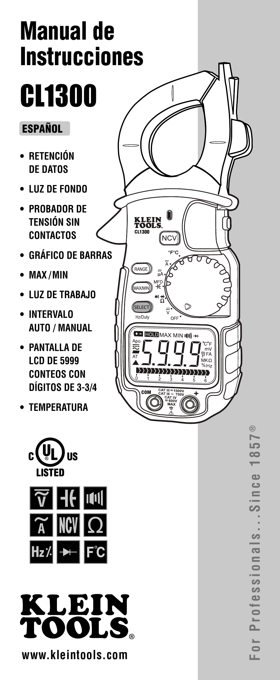 Cl1300, Manual de instrucciones, For professionals...since 1857 | Klein Tools CL1300 User Manual | Page 9 / 24