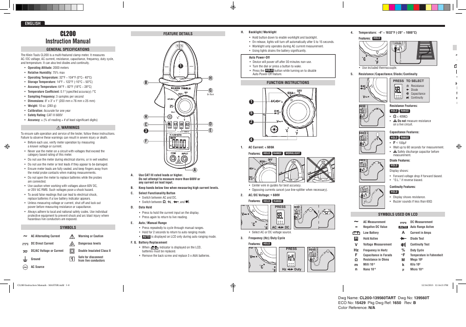 Auto a ac auto a ac auto a ac auto a ac, Auto a ac auto a ac, Auto a ac | Cl200 instruction manual | Klein Tools CL200 User Manual | Page 2 / 6