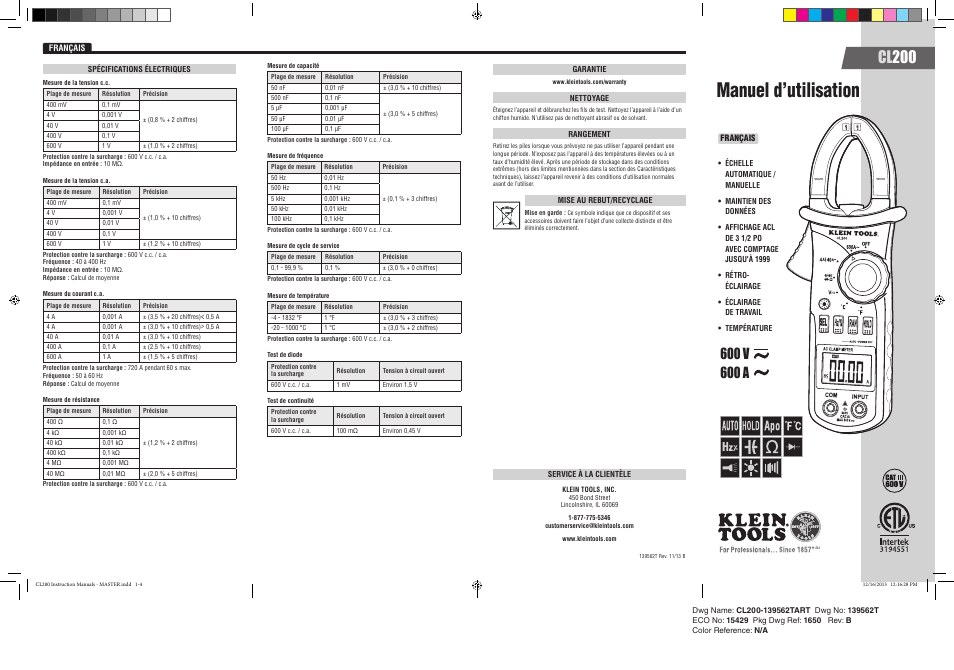 French, Manuel d’utilisation, Cl 200 | Klein Tools CL200 User Manual | Page 5 / 6