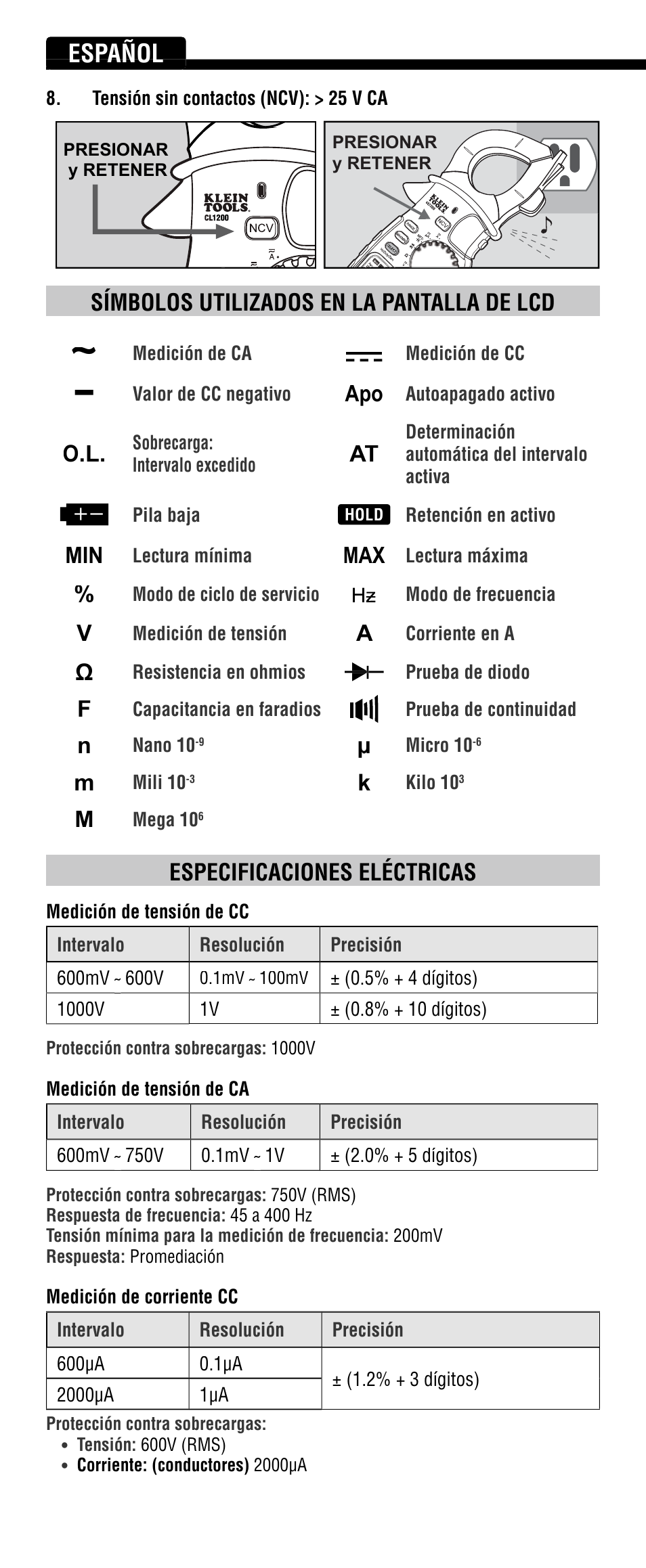 Español, Símbolos utilizados en la pantalla de lcd, Especificaciones eléctricas | Klein Tools CL1200 User Manual | Page 14 / 24