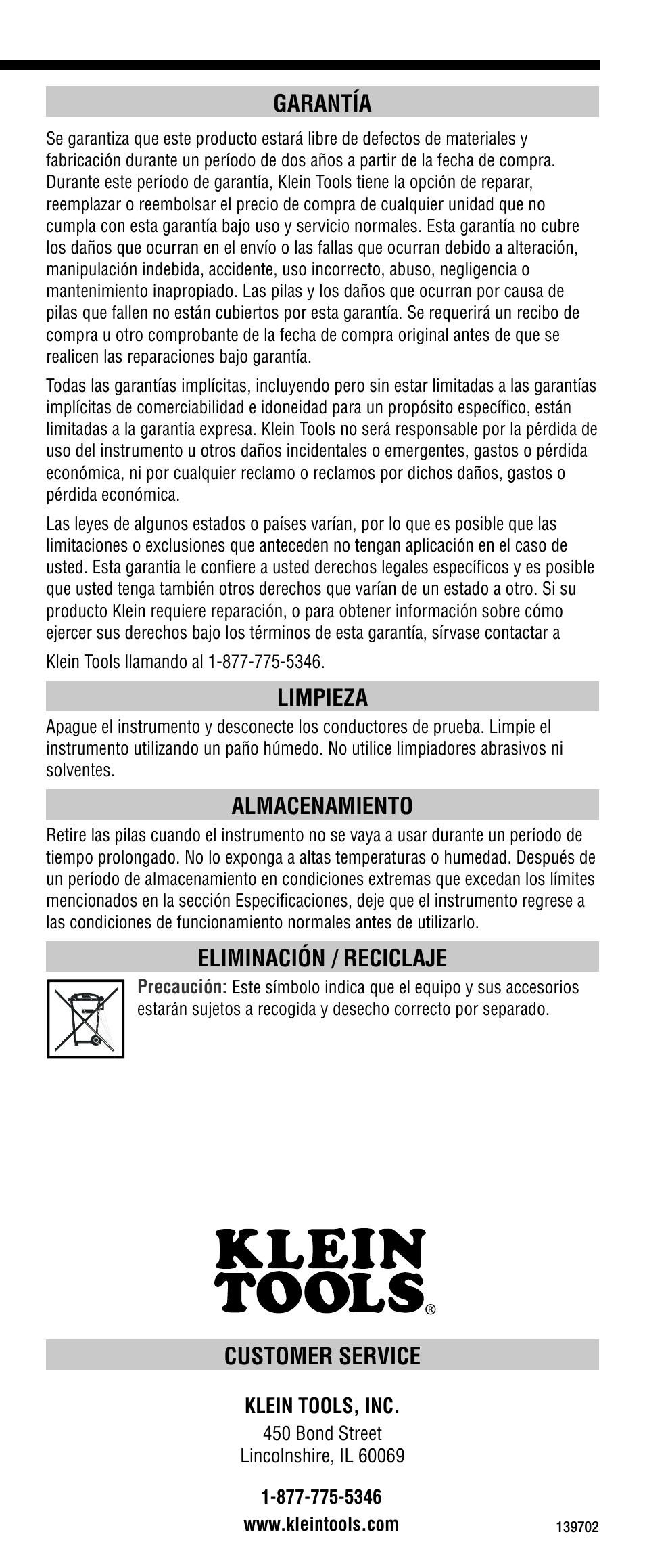 Customer service, Garantía, Limpieza | Almacenamiento, Eliminación / reciclaje | Klein Tools CL1200 User Manual | Page 16 / 24