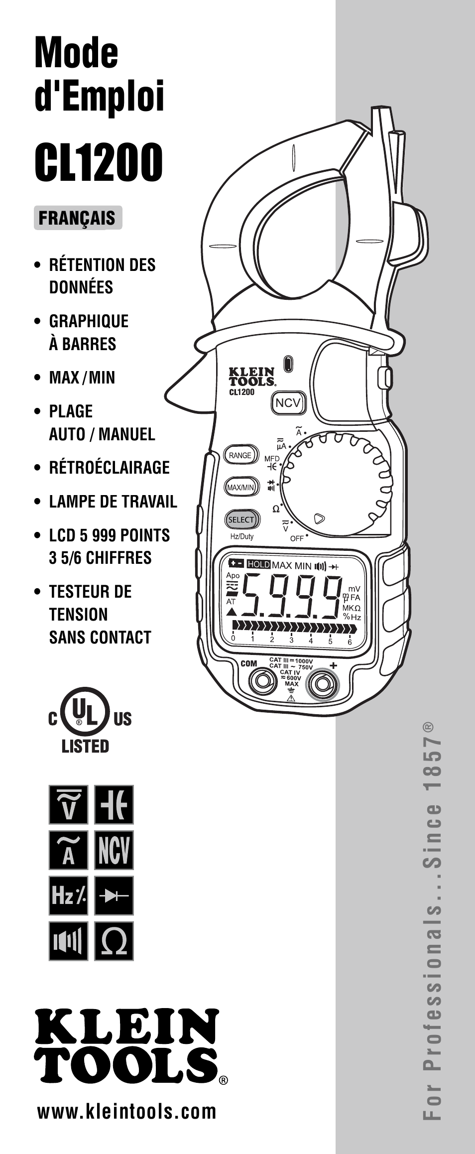 Cl1200, Mode d'emploi, For professionals...since 1857 | Klein Tools CL1200 User Manual | Page 17 / 24