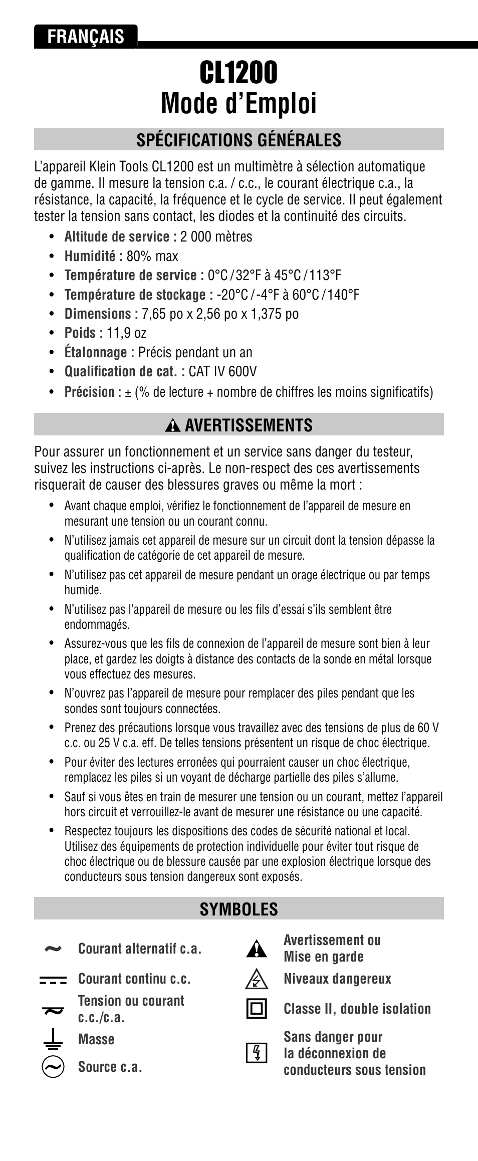 Cl1200 mode d’emploi, Français, Spécifications générales | Avertissements, Symboles | Klein Tools CL1200 User Manual | Page 18 / 24