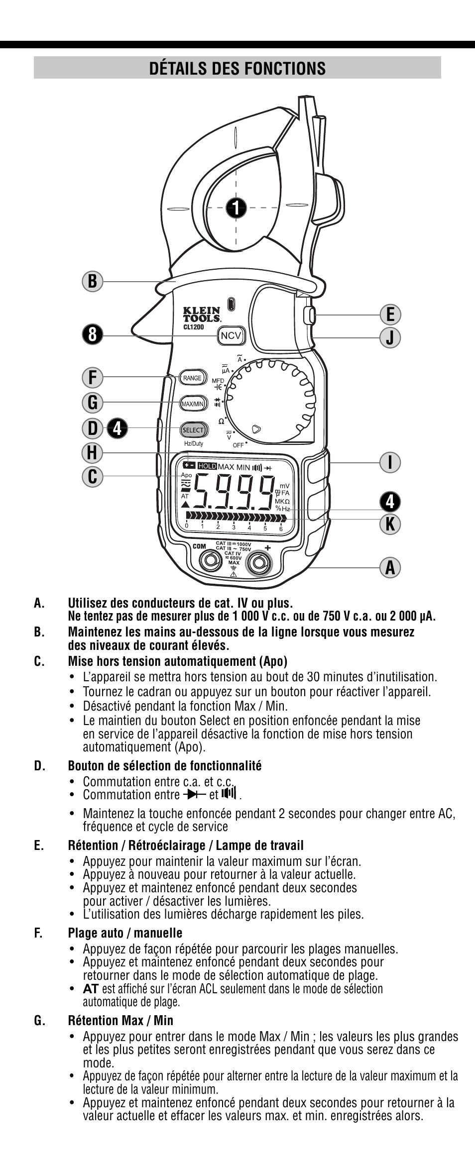 Détails des fonctions | Klein Tools CL1200 User Manual | Page 19 / 24