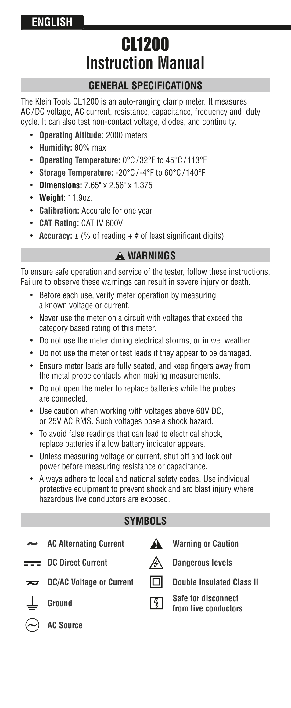 Cl1200 instruction manual, English, General specifications | Warnings, Symbols | Klein Tools CL1200 User Manual | Page 2 / 24