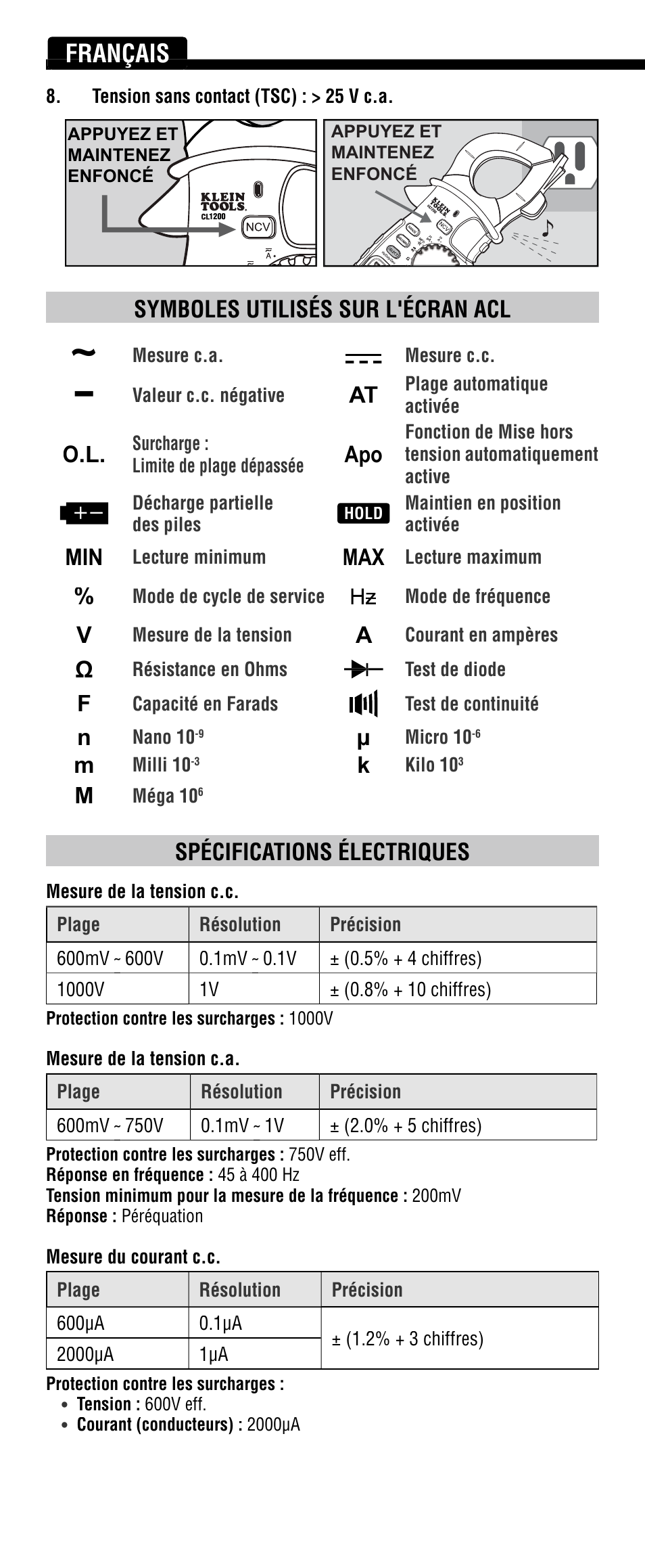 Français, Symboles utilisés sur l'écran acl, Spécifications électriques | Klein Tools CL1200 User Manual | Page 22 / 24