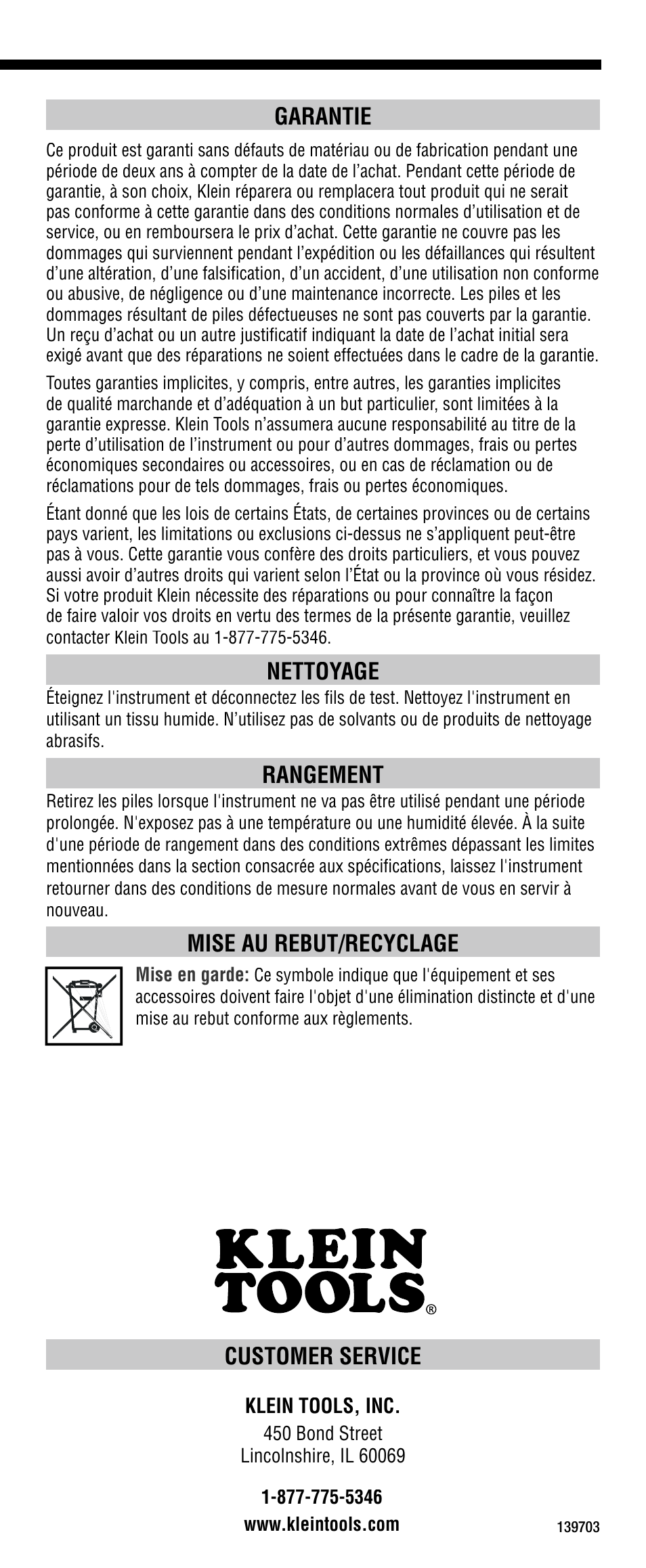 Customer service, Garantie, Nettoyage | Rangement, Mise au rebut/recyclage | Klein Tools CL1200 User Manual | Page 24 / 24