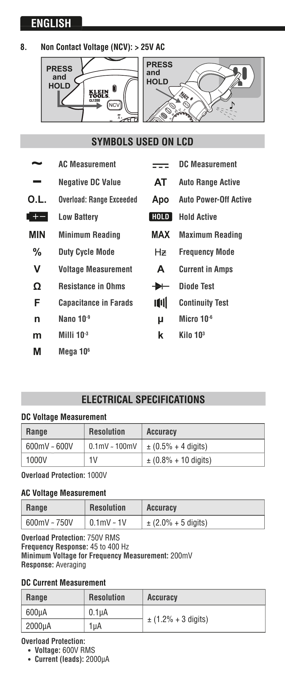 English, Symbols used on lcd, Electrical specifications | Klein Tools CL1200 User Manual | Page 6 / 24