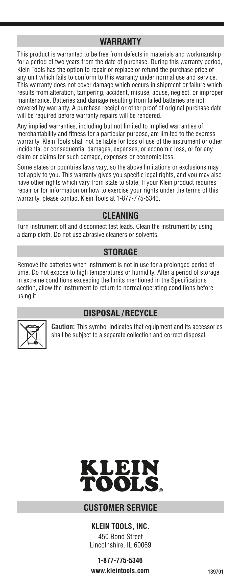 Customer service, Warranty, Cleaning | Storage, Disposal / recycle | Klein Tools CL1200 User Manual | Page 8 / 24