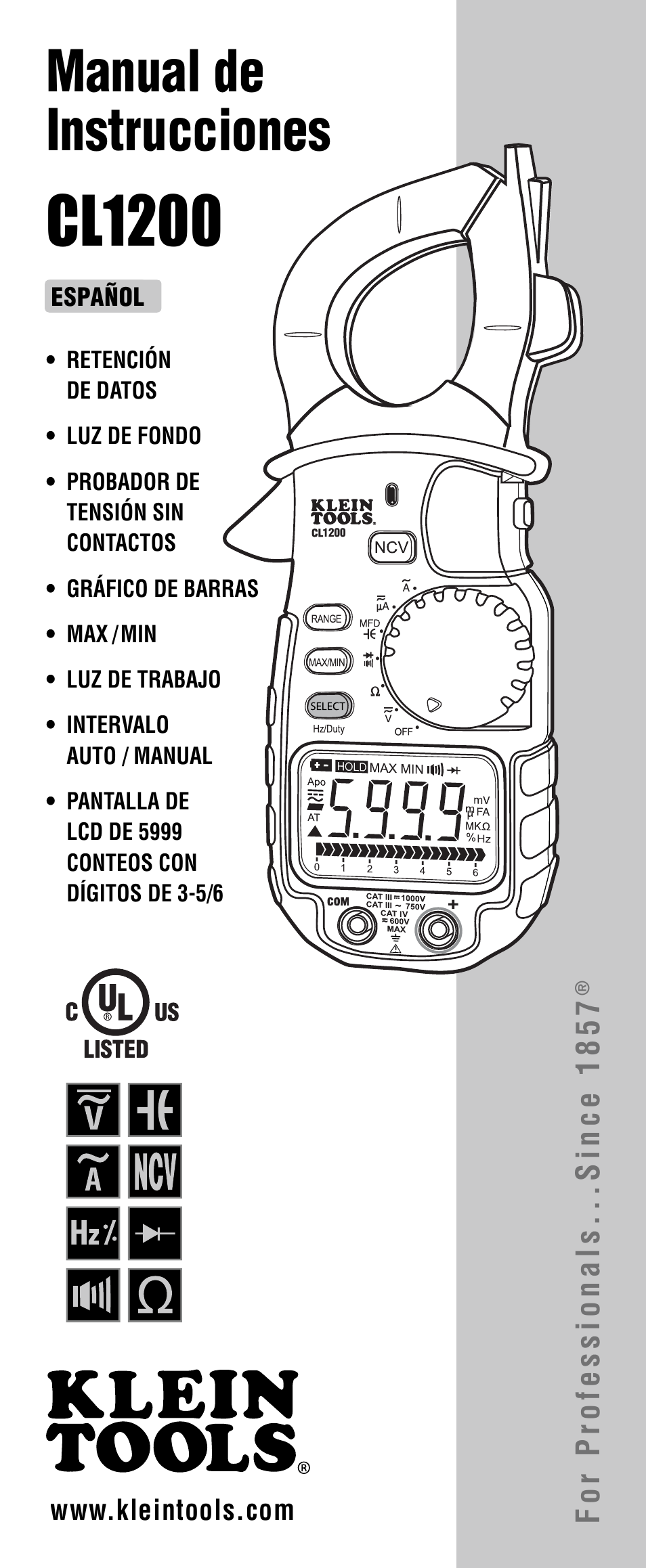 Cl1200, Manual de instrucciones, For professionals...since 1857 | Klein Tools CL1200 User Manual | Page 9 / 24