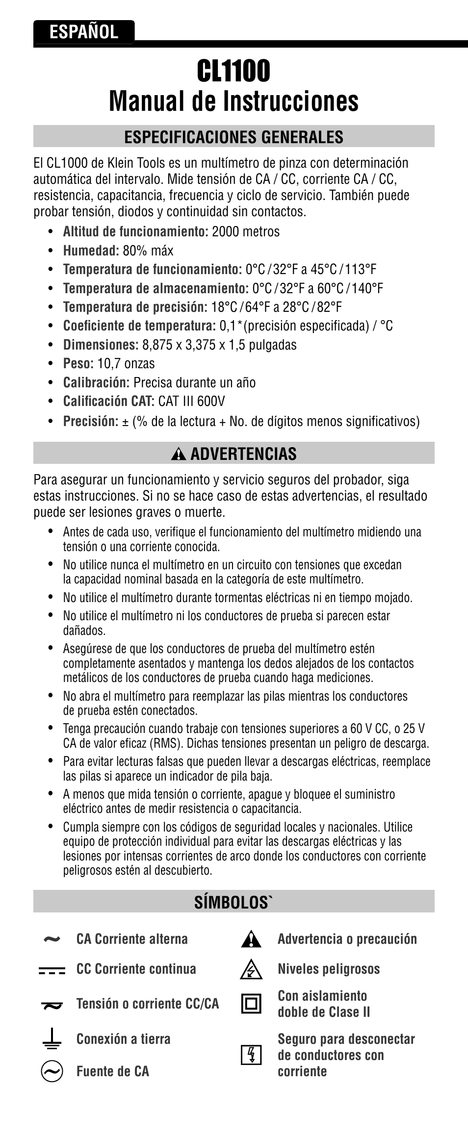 Cl1100 manual de instrucciones, Español, Especificaciones generales | Advertencias, Símbolos | Klein Tools CL1100 User Manual | Page 10 / 24
