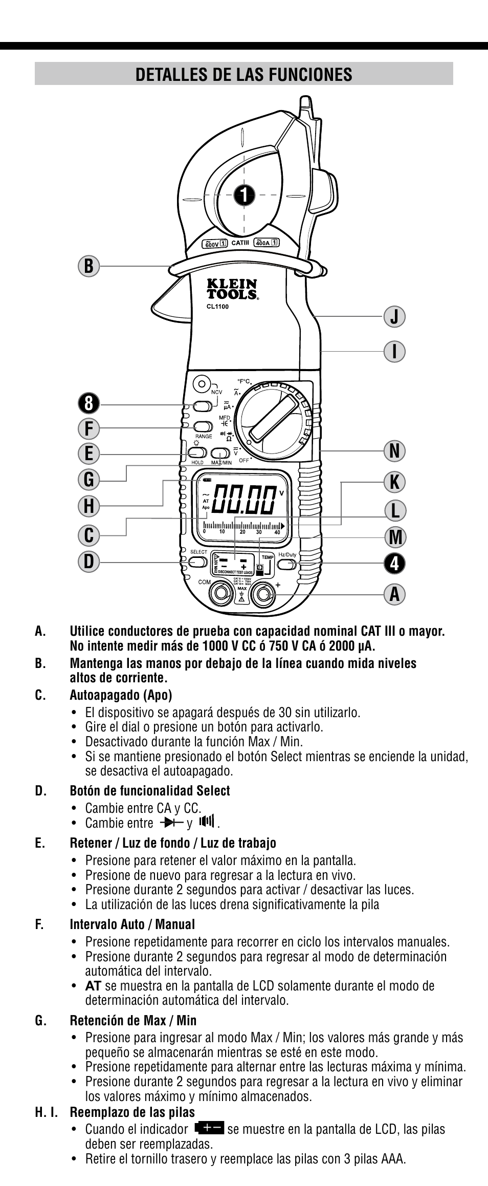 Detalles de las funciones | Klein Tools CL1100 User Manual | Page 11 / 24
