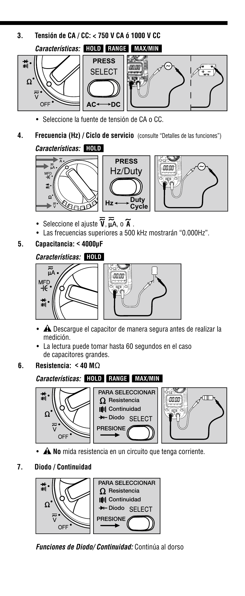 Características, Press, Press duty cycle hz | Consulte “detalles de las funciones”), Hold, Max/min range hold | Klein Tools CL1100 User Manual | Page 13 / 24