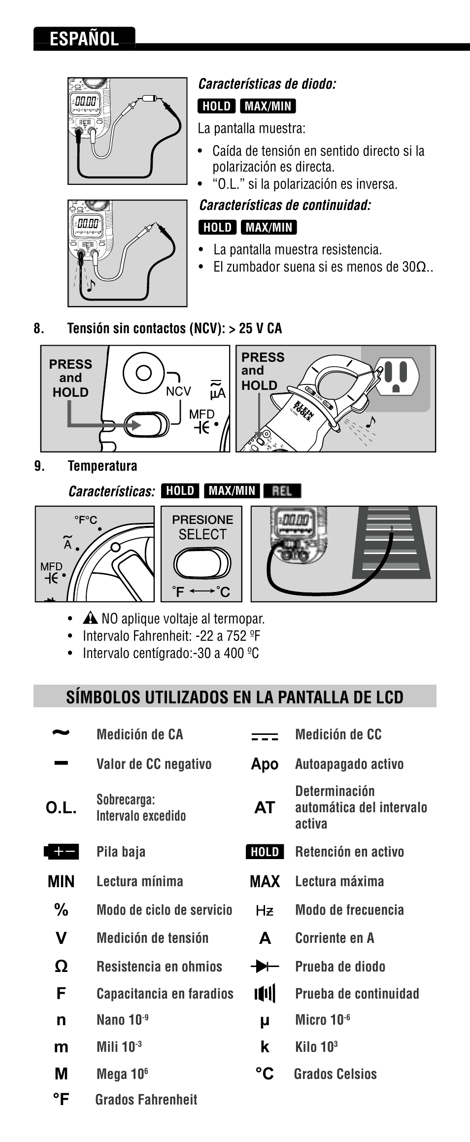 Español, Símbolos utilizados en la pantalla de lcd, Medición de ca medición de cc | Valor de cc negativo, Autoapagado activo, Sobrecarga: intervalo excedido, Retención en activo, Lectura mínima, Lectura máxima, Modo de ciclo de servicio modo de frecuencia | Klein Tools CL1100 User Manual | Page 14 / 24