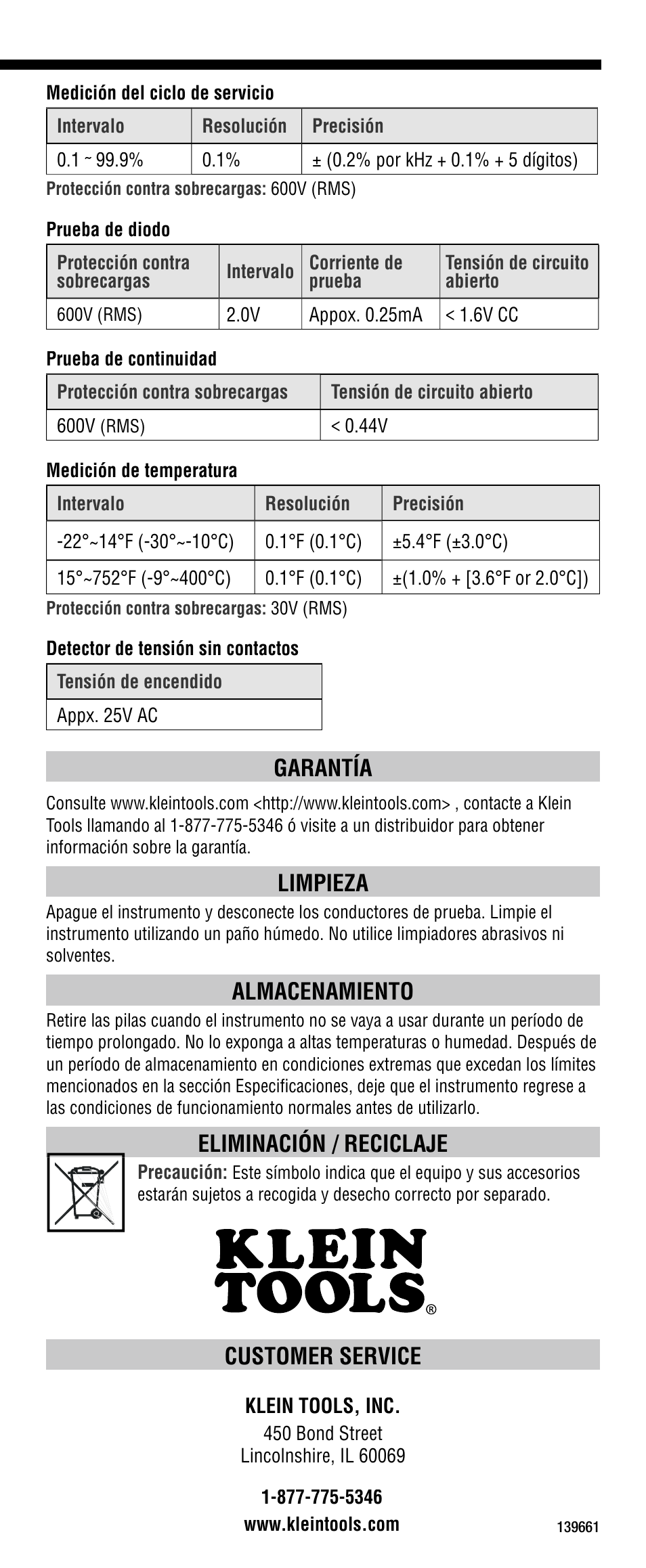 Customer service, Garantía, Limpieza | Almacenamiento, Eliminación / reciclaje | Klein Tools CL1100 User Manual | Page 16 / 24
