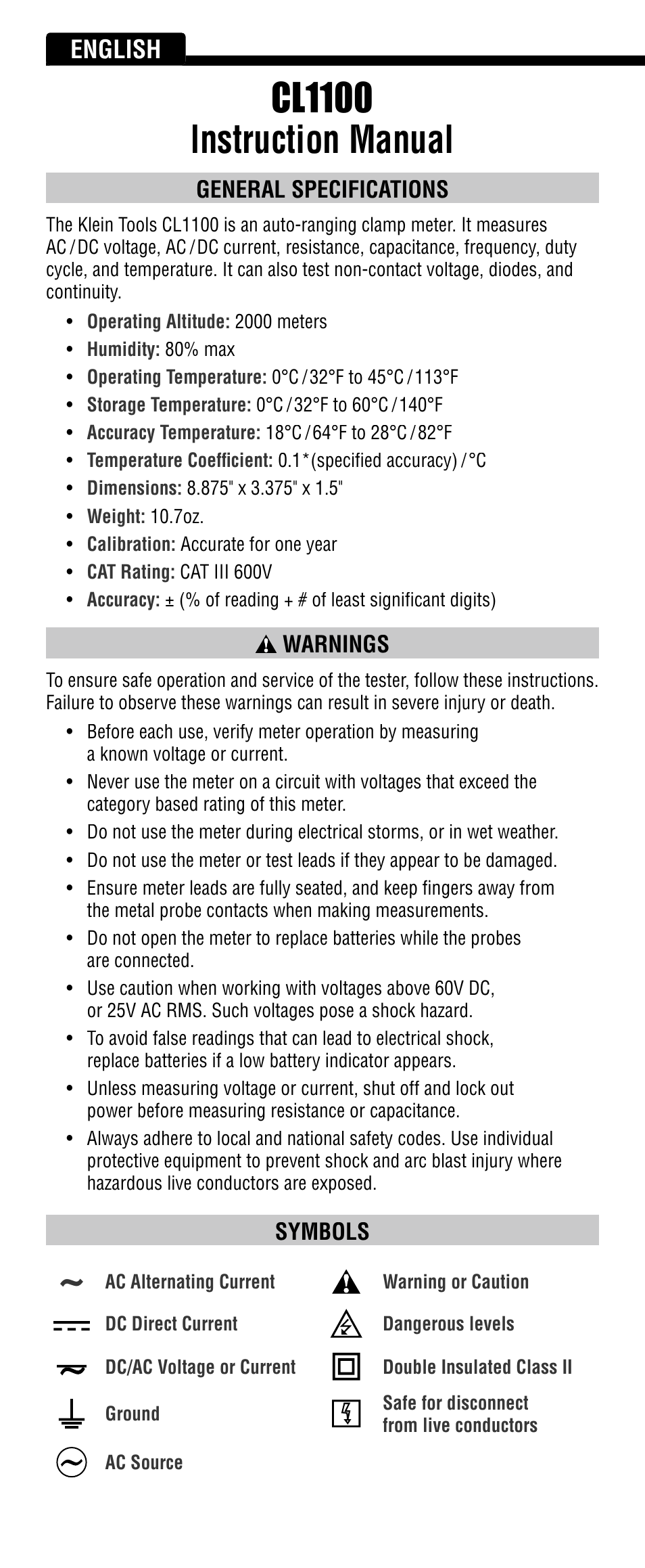 Cl1100 instruction manual, English, General specifications | Warnings, Symbols | Klein Tools CL1100 User Manual | Page 2 / 24