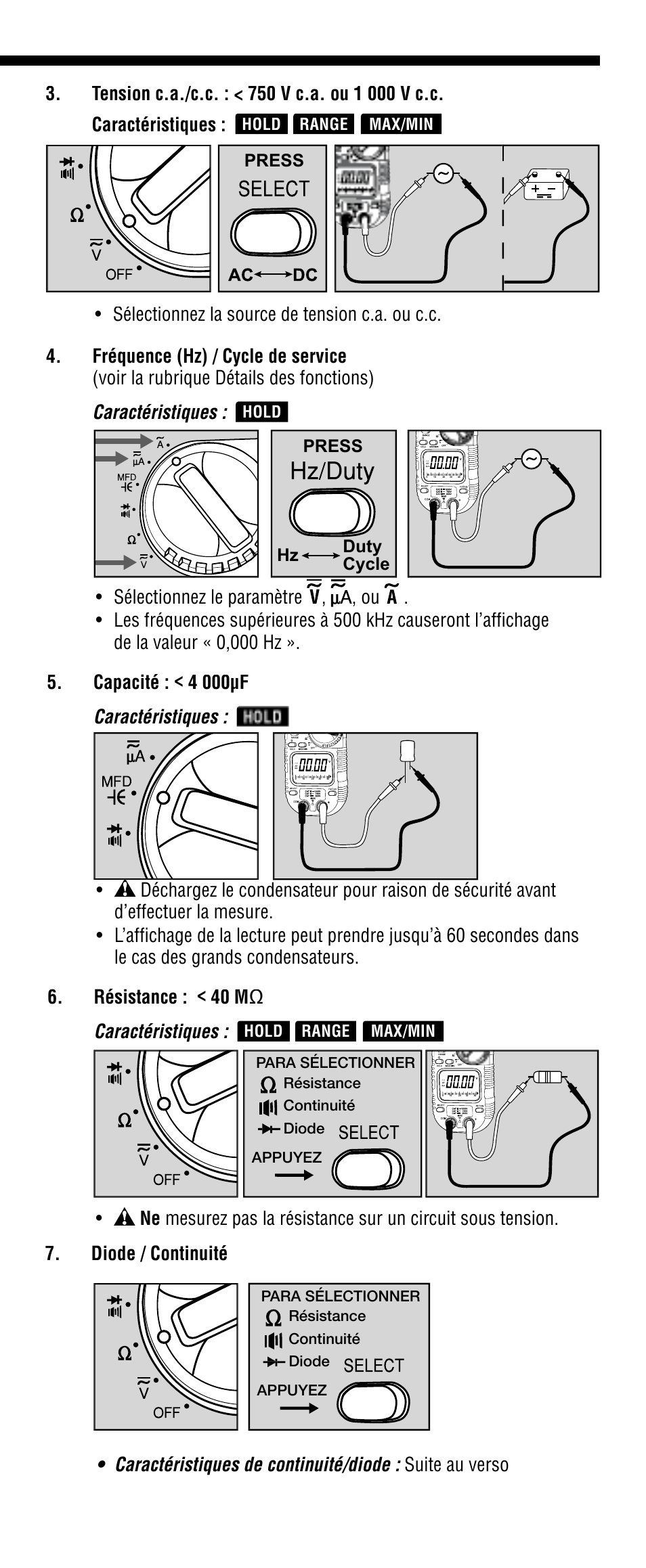 Caractéristiques, Press, Press duty cycle hz | Hold, Max/min range hold | Klein Tools CL1100 User Manual | Page 21 / 24