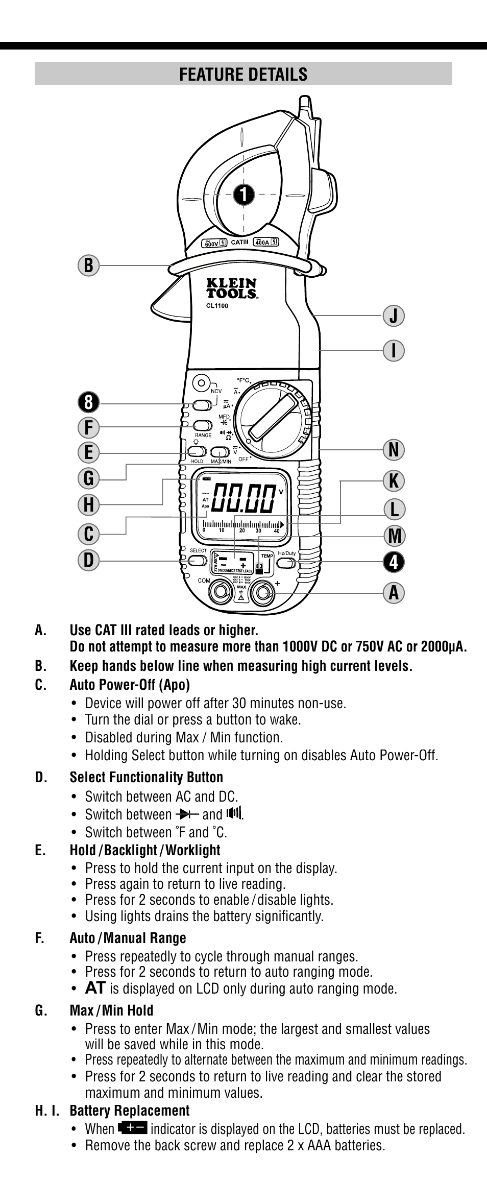 Klein Tools CL1100 User Manual | Page 3 / 24