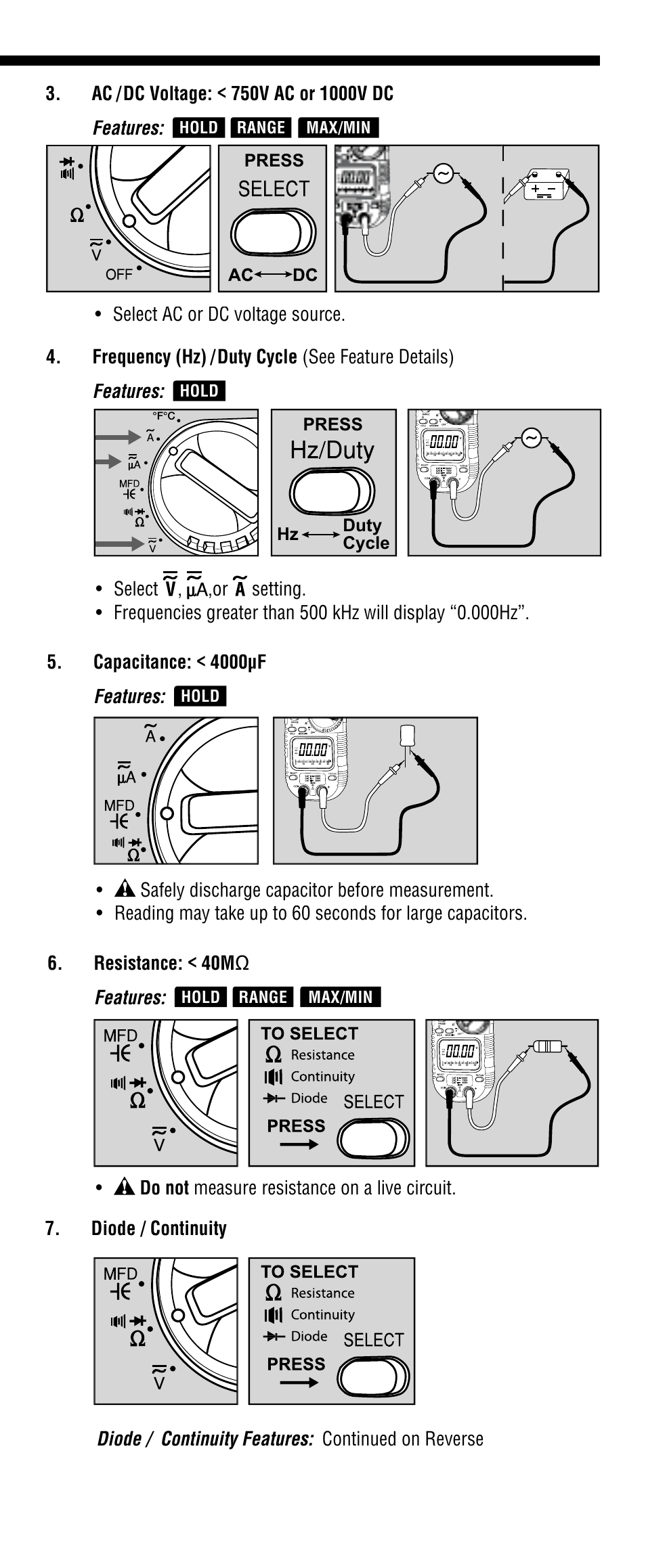 Features, Press, Press duty cycle hz | Hold, Max/min range hold | Klein Tools CL1100 User Manual | Page 5 / 24