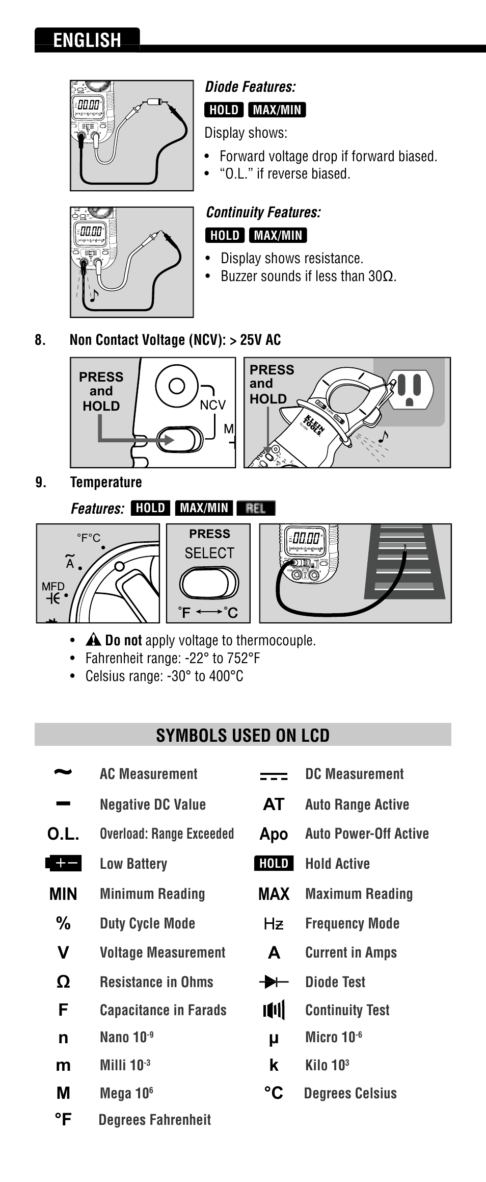 English, Symbols used on lcd, Ac measurement dc measurement | Negative dc value, Auto range active, Overload: range exceeded, Auto power-off active low battery, Hold active, Minimum reading, Maximum reading | Klein Tools CL1100 User Manual | Page 6 / 24