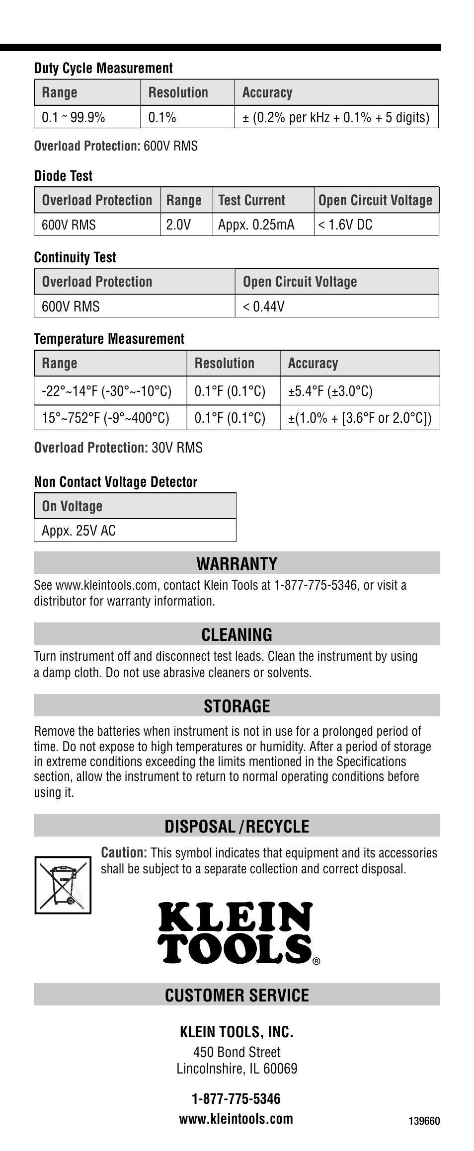 Customer service, Warranty, Cleaning | Storage, Disposal / recycle | Klein Tools CL1100 User Manual | Page 8 / 24