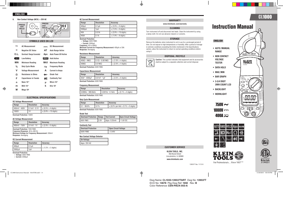 Klein Tools CL1000 User Manual | 2 pages