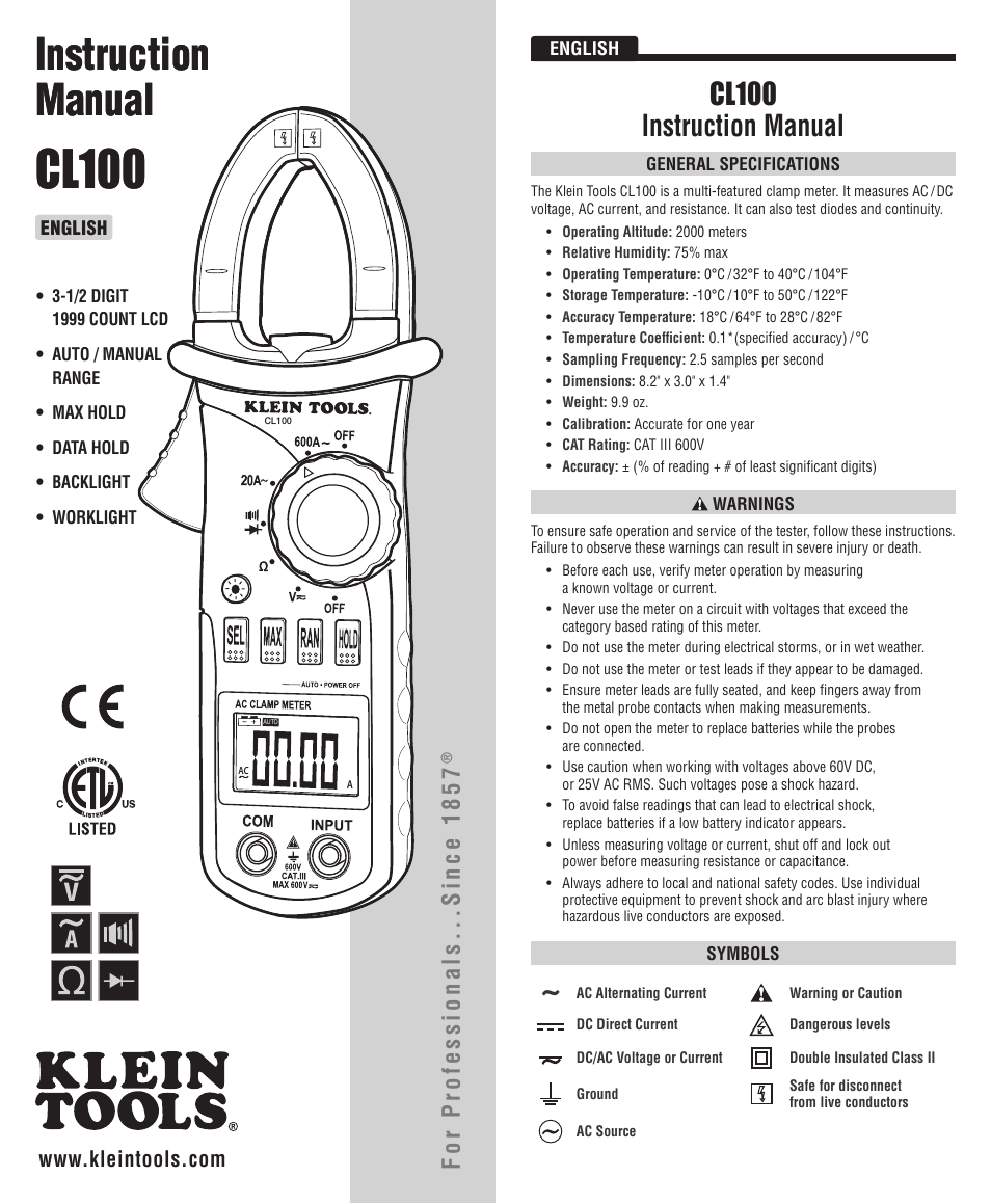 Klein Tools CL100 User Manual | 12 pages