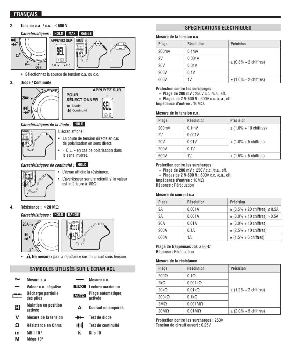 Français, Symboles utilisés sur l'écran acl, Spécifications électriques | Klein Tools CL100 User Manual | Page 11 / 12