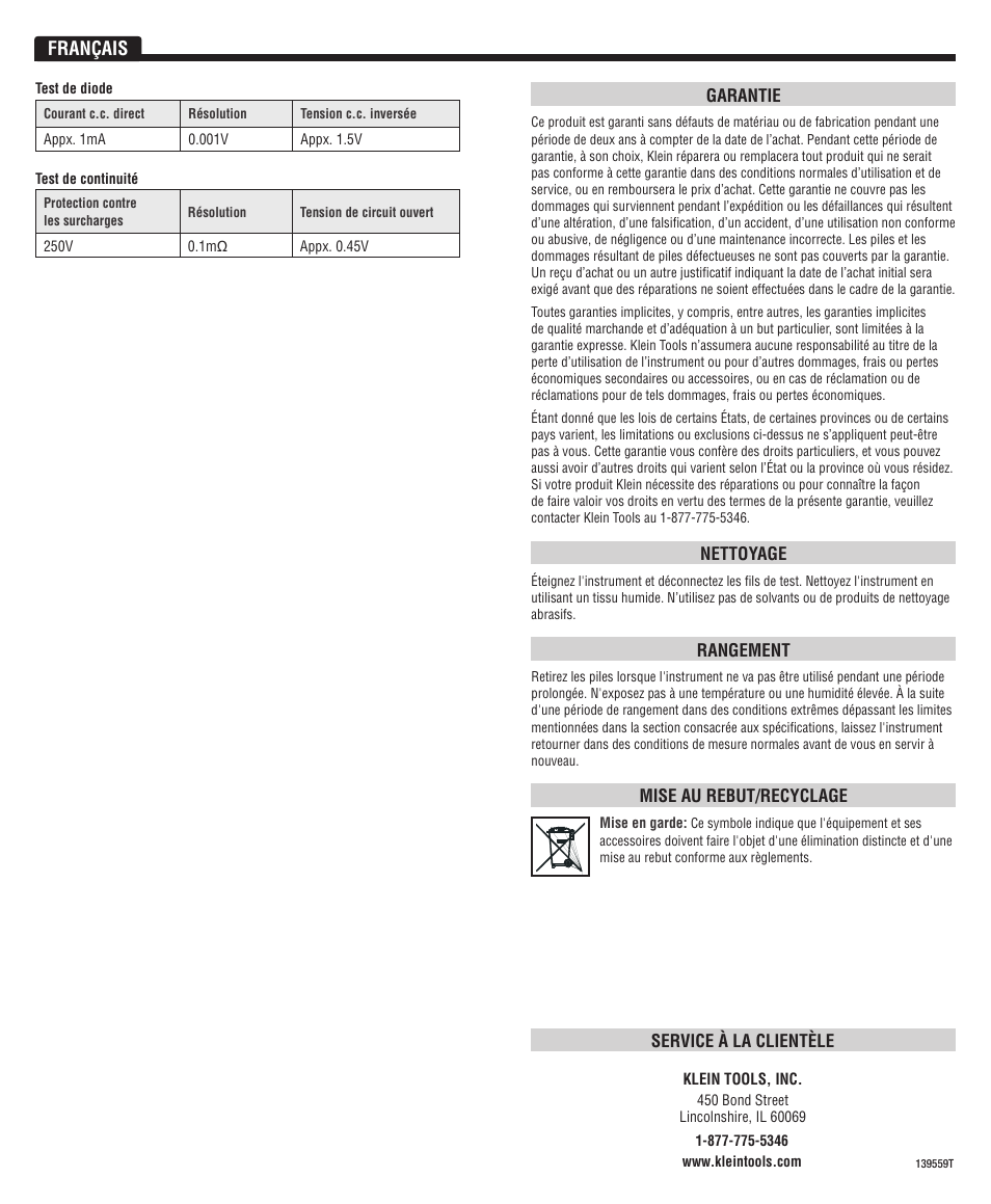 Français | Klein Tools CL100 User Manual | Page 12 / 12