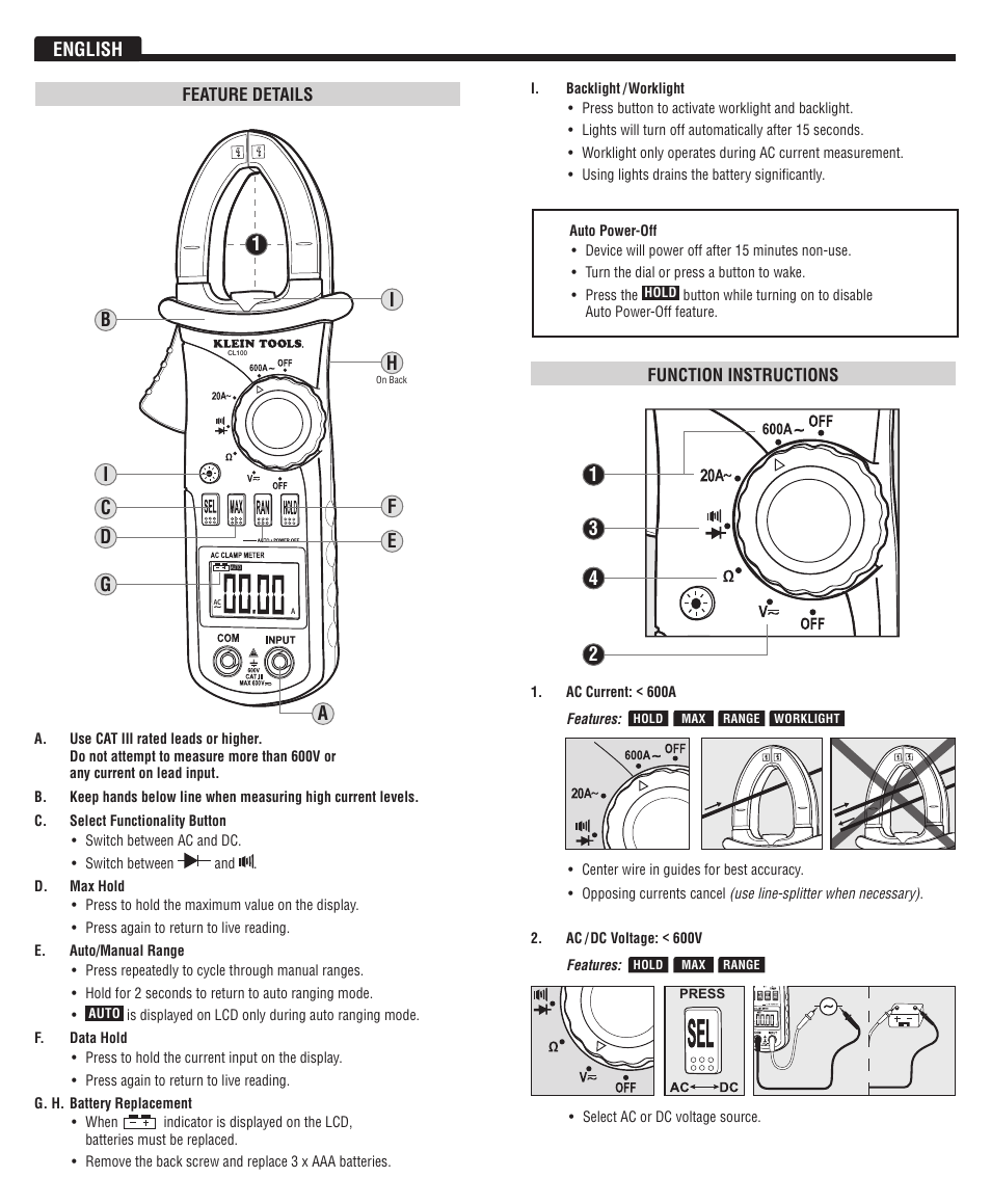 English | Klein Tools CL100 User Manual | Page 2 / 12