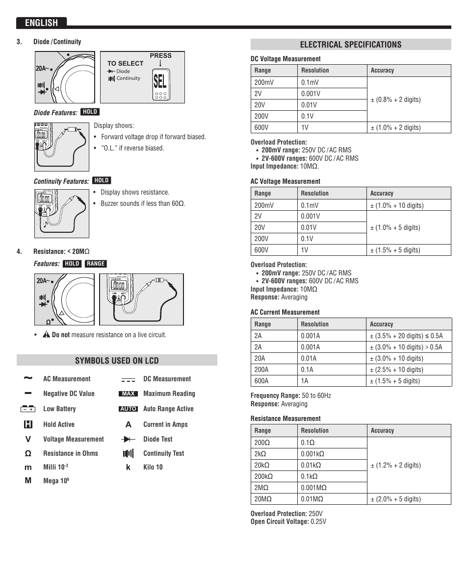 English | Klein Tools CL100 User Manual | Page 3 / 12