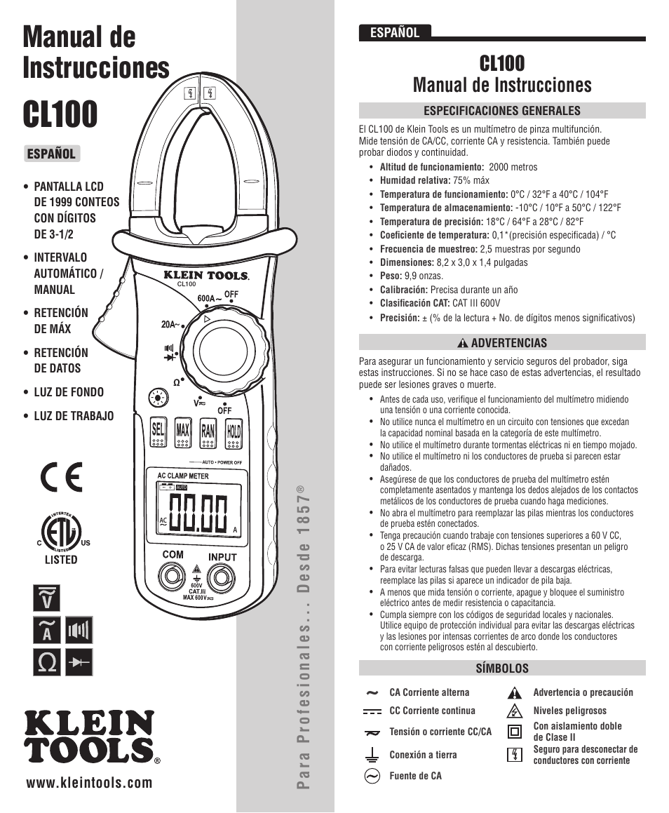 Cl100, Manual de instrucciones, Cl100 manual de instrucciones | Para profesionales... desde 1857 | Klein Tools CL100 User Manual | Page 5 / 12