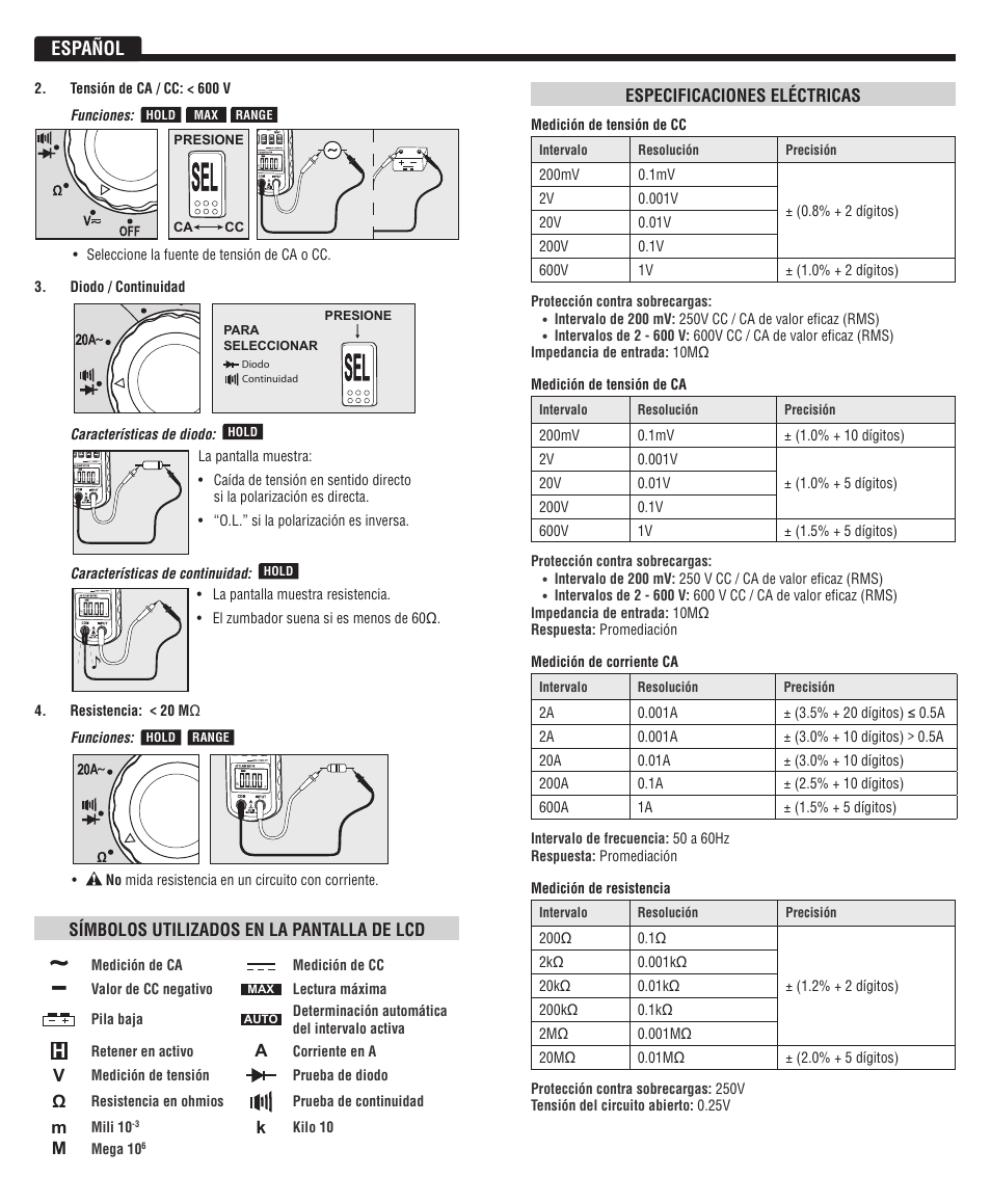 Español, Símbolos utilizados en la pantalla de lcd, Especificaciones eléctricas | Klein Tools CL100 User Manual | Page 7 / 12
