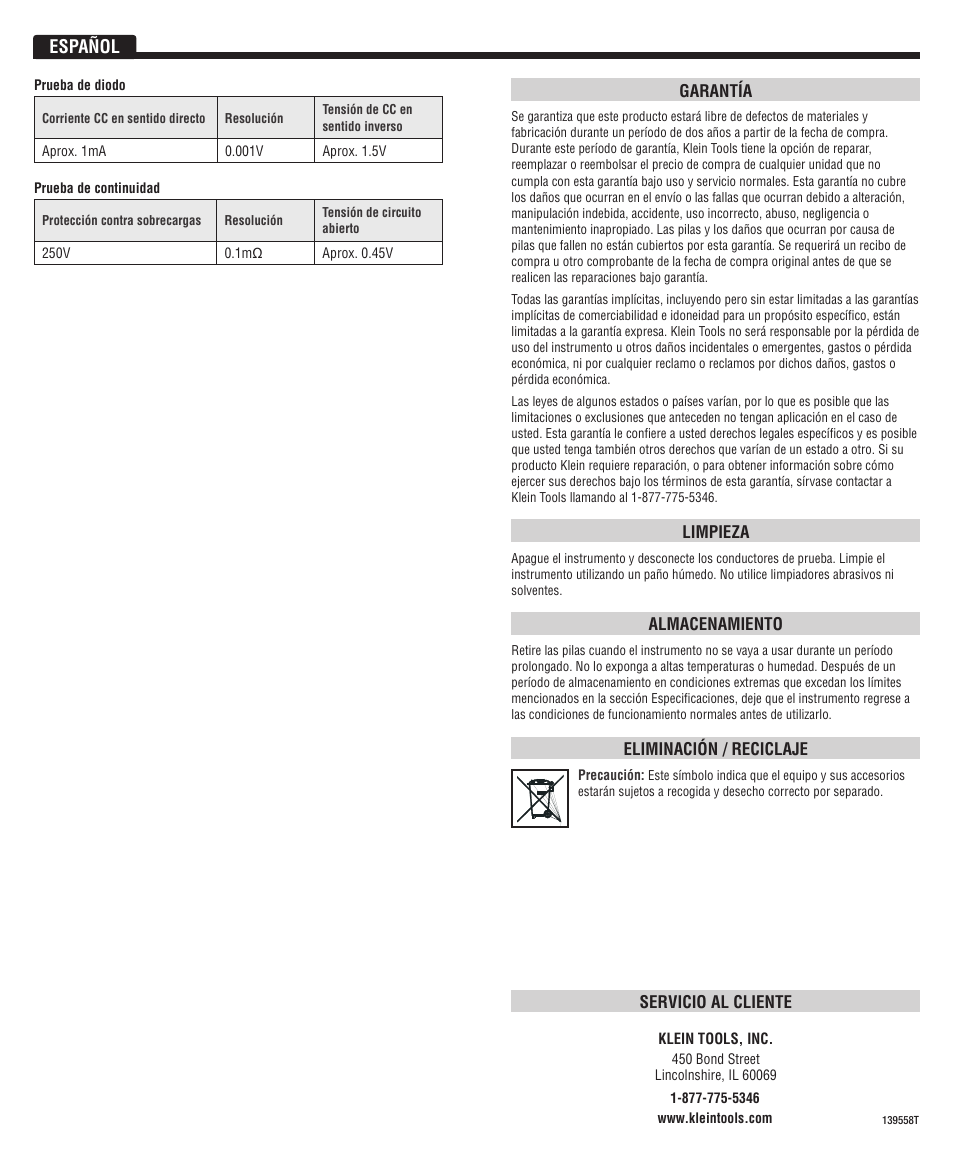 Español | Klein Tools CL100 User Manual | Page 8 / 12