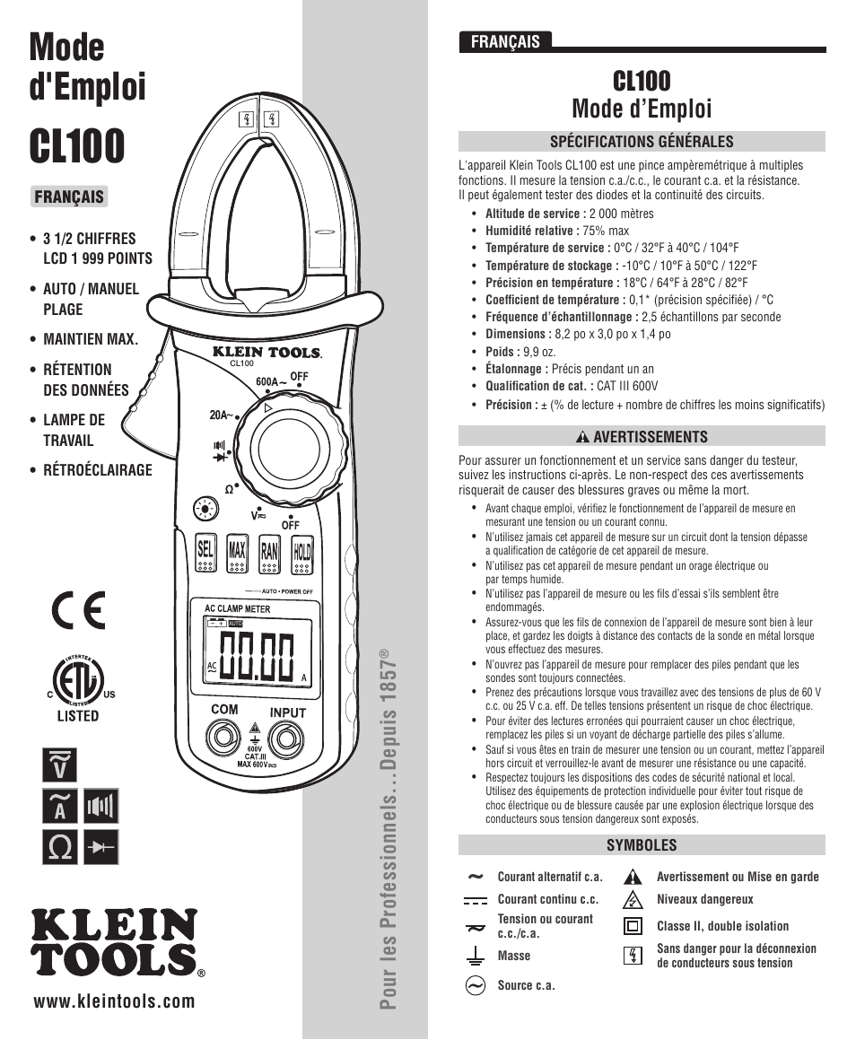 Cl100, Mode d'emploi, Cl100 mode d’emploi | Pour les professionnels...depuis 1857 | Klein Tools CL100 User Manual | Page 9 / 12