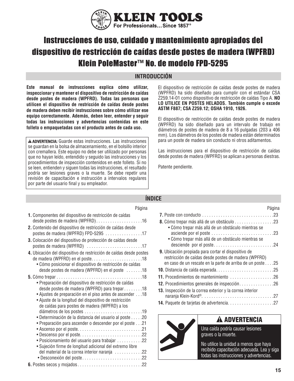 Advertencia | Klein Tools FPD-5295 User Manual | Page 15 / 44