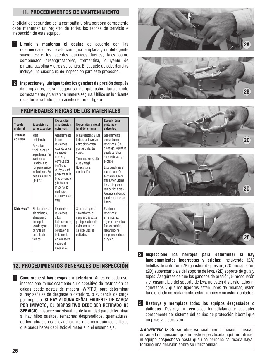 Procedimientos de mantenimiento, Propiedades físicas de los materiales, Procedimientos generales de inspección | Klein Tools FPD-5295 User Manual | Page 26 / 44