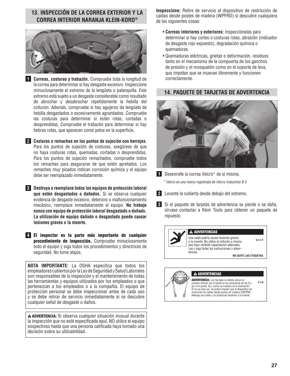Paquete de tarjetas de advertencia | Klein Tools FPD-5295 User Manual | Page 27 / 44