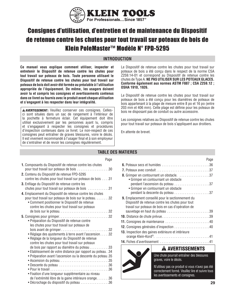 Avertissements | Klein Tools FPD-5295 User Manual | Page 29 / 44