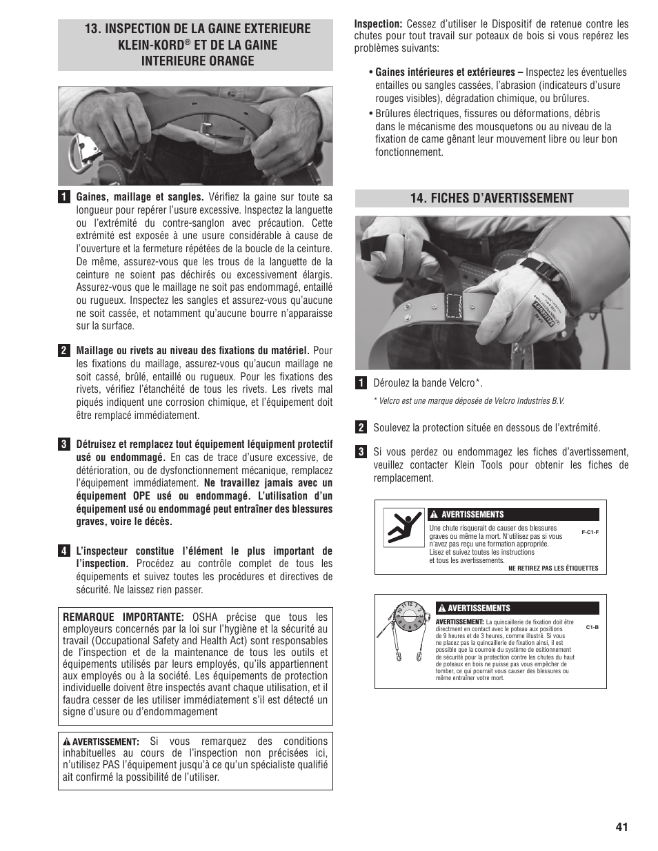 Fiches d’avertissement, Inspection de la gaine exterieure klein-kord, Et de la gaine interieure orange | Klein Tools FPD-5295 User Manual | Page 41 / 44